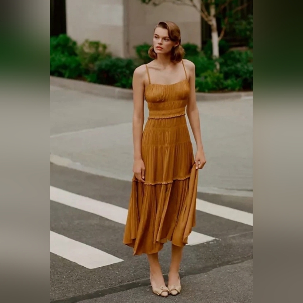 Anthropologie Ruched Tiered Midi Pleated Satin Slip Dress Gold, US 0